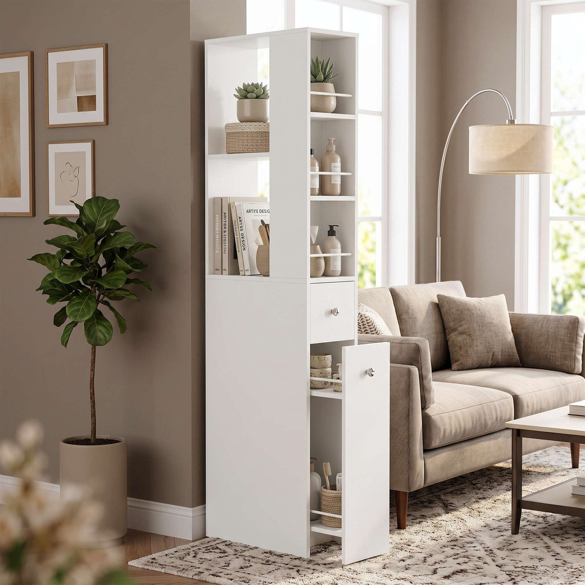 Tall Slim Bathroom Cabinet with 2 Drawers, White, 135 cm