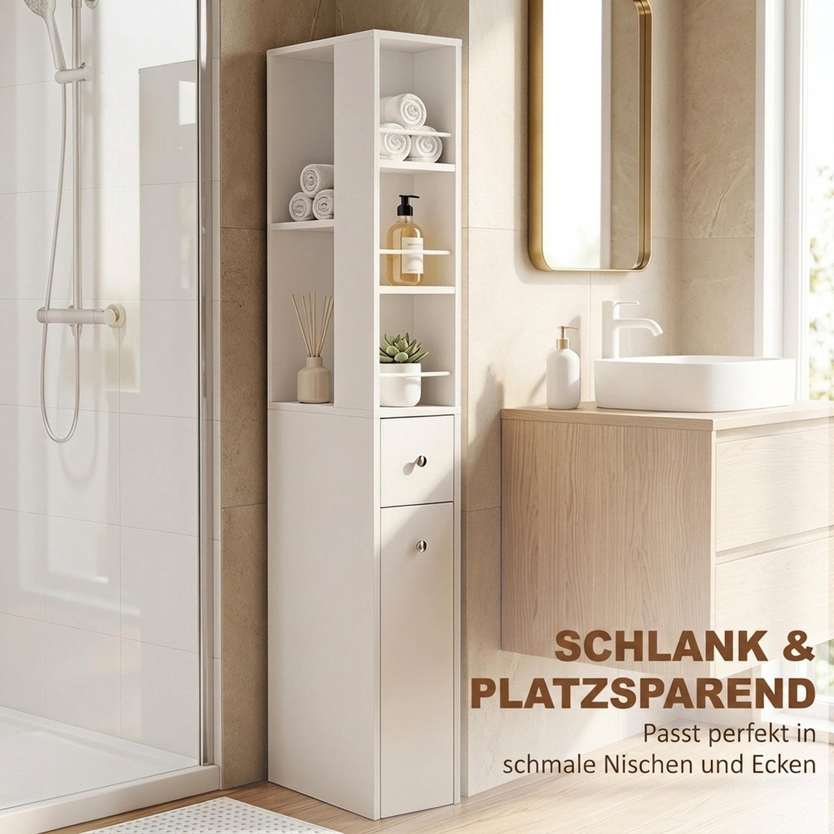 Tall Slim Bathroom Cabinet with 2 Drawers, White, 135 cm