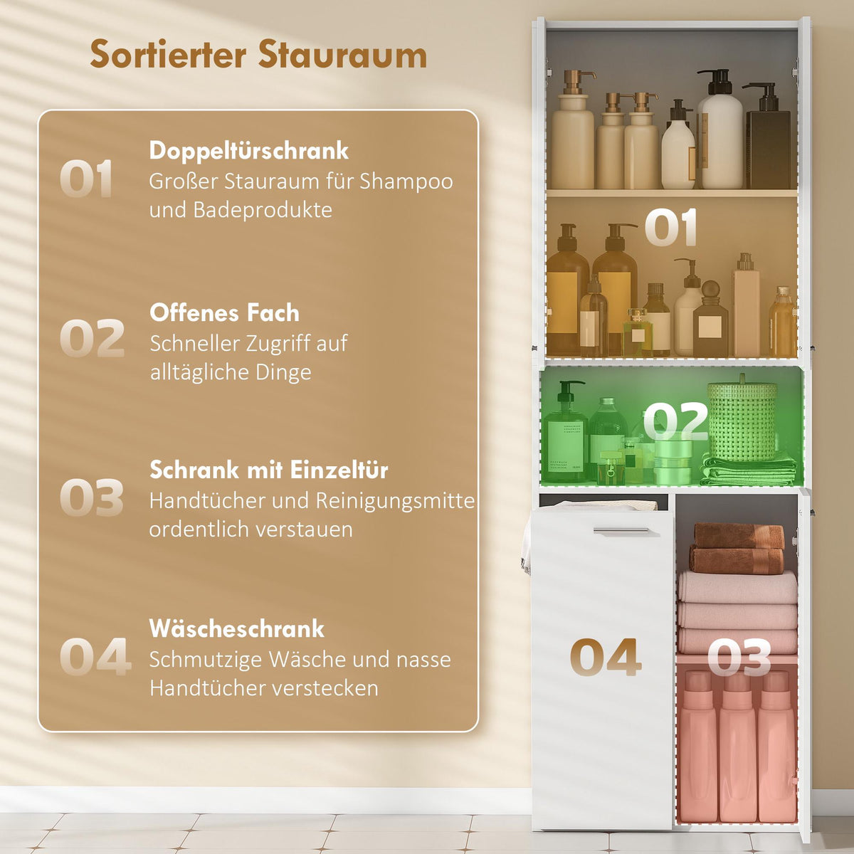 Tall White Bathroom Cabinet with Laundry Basket, 174 cm