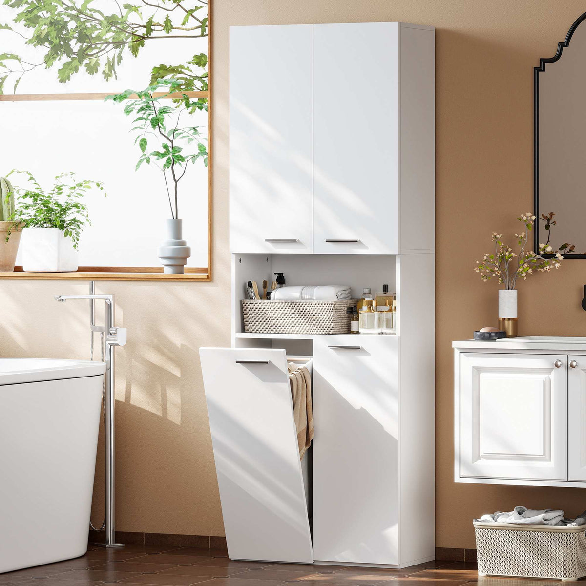 Tall White Bathroom Cabinet with Laundry Basket, 174 cm