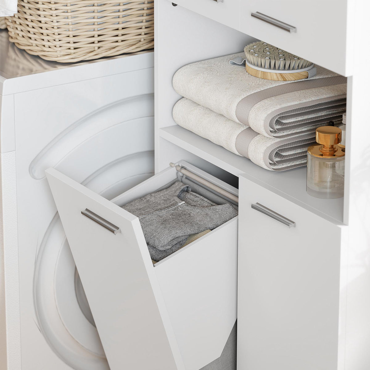 Tall White Bathroom Cabinet with Laundry Basket, 174 cm