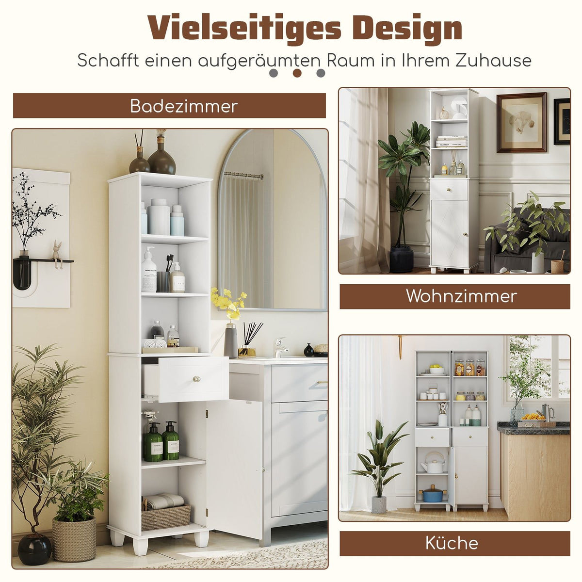 Tall White Bathroom Cabinet with Shelves and Drawer
