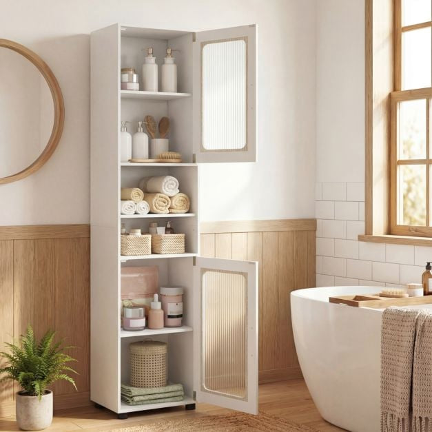 Tall White Bathroom Storage Cabinet with Fluted Doors