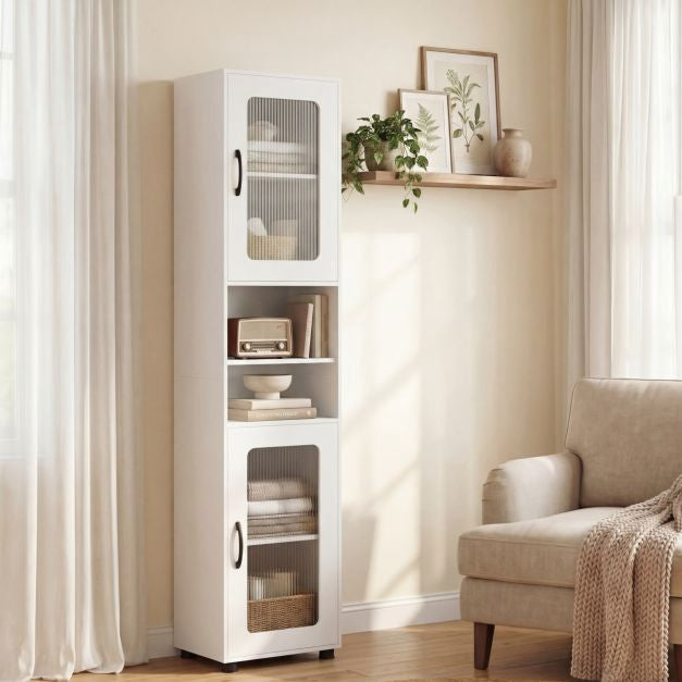 Tall White Bathroom Storage Cabinet with Fluted Doors