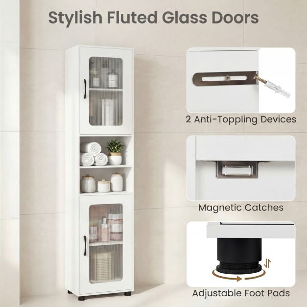 Tall White Bathroom Storage Cabinet with Fluted Doors
