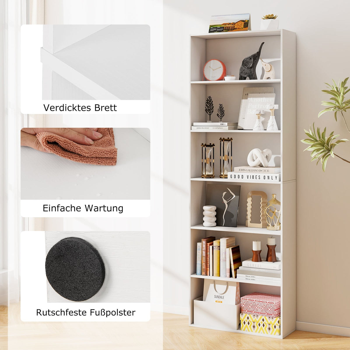 Tall White Bookshelf with 6 Shelves and Anti-Tip Kits
