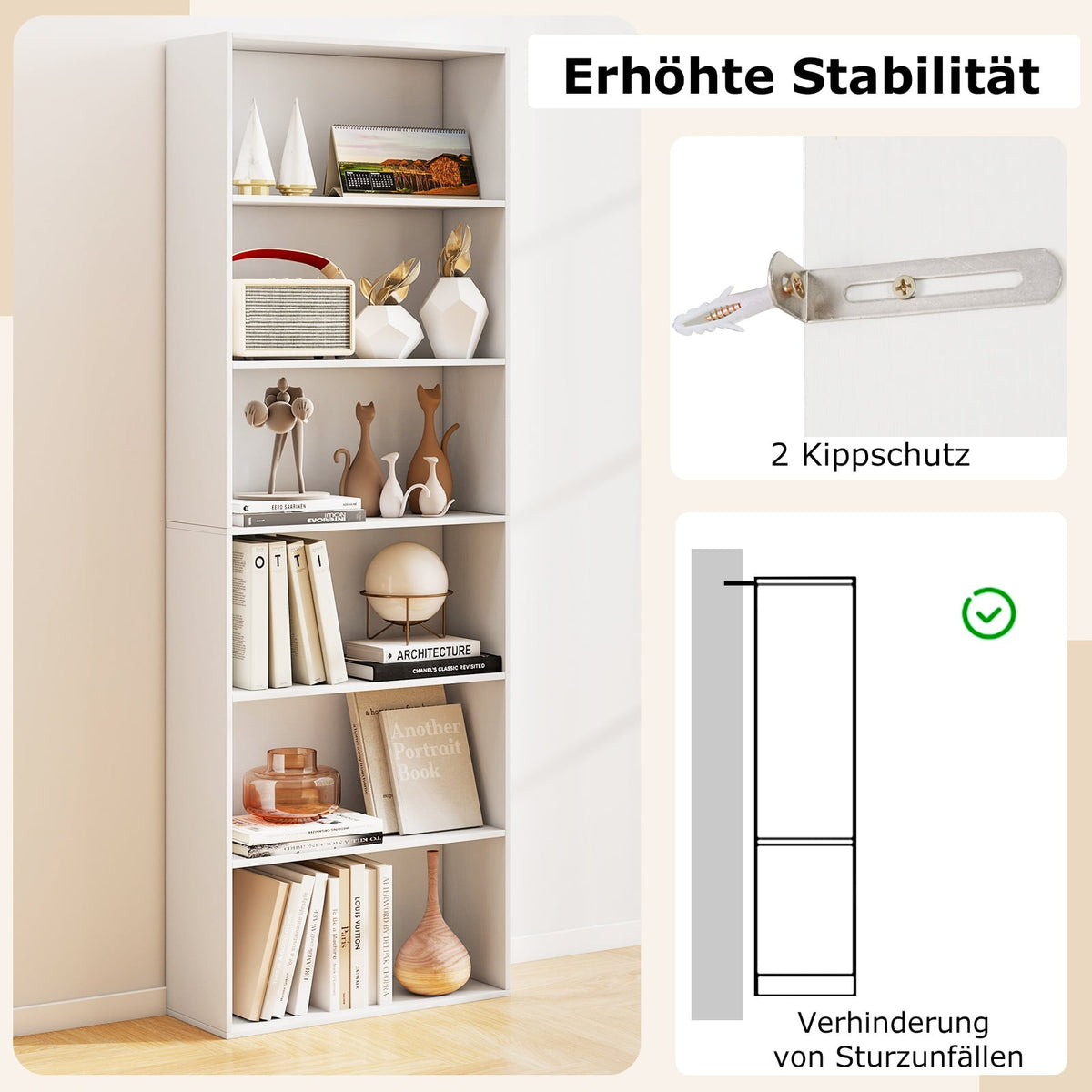 Tall White Bookshelf with 6 Shelves and Anti-Tip Kits