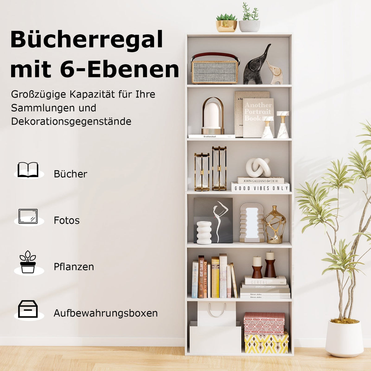 Tall White Bookshelf with 6 Shelves and Anti-Tip Kits