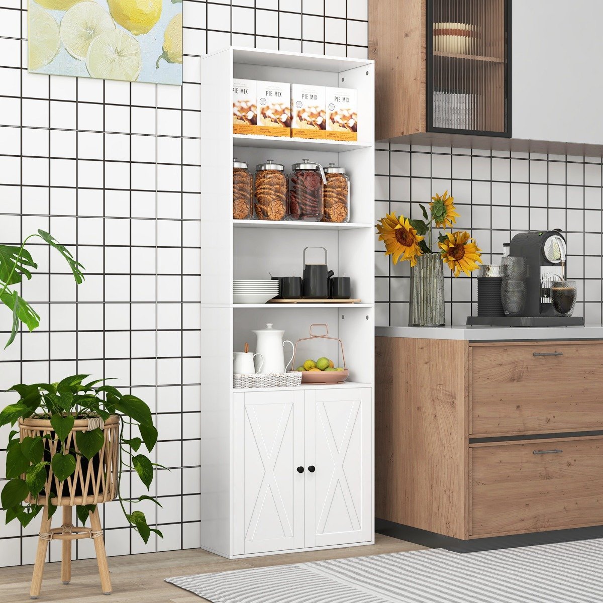 Tall White Bookshelf with Doors, 6 Shelves, 180 cm