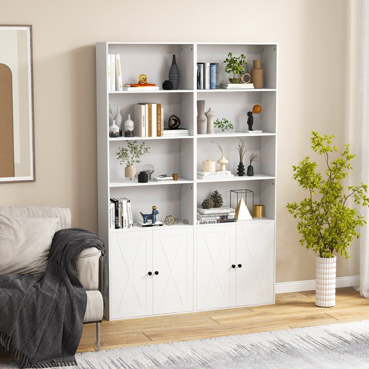 Tall White Bookshelf with Doors, 6 Shelves, 180 cm