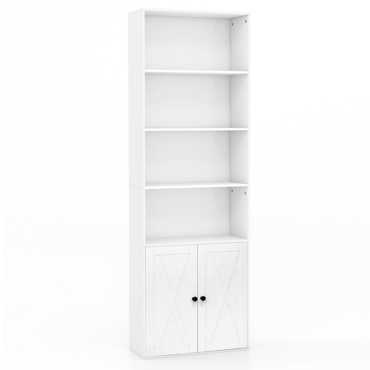 Tall White Bookshelf with Doors, 6 Shelves, 180 cm