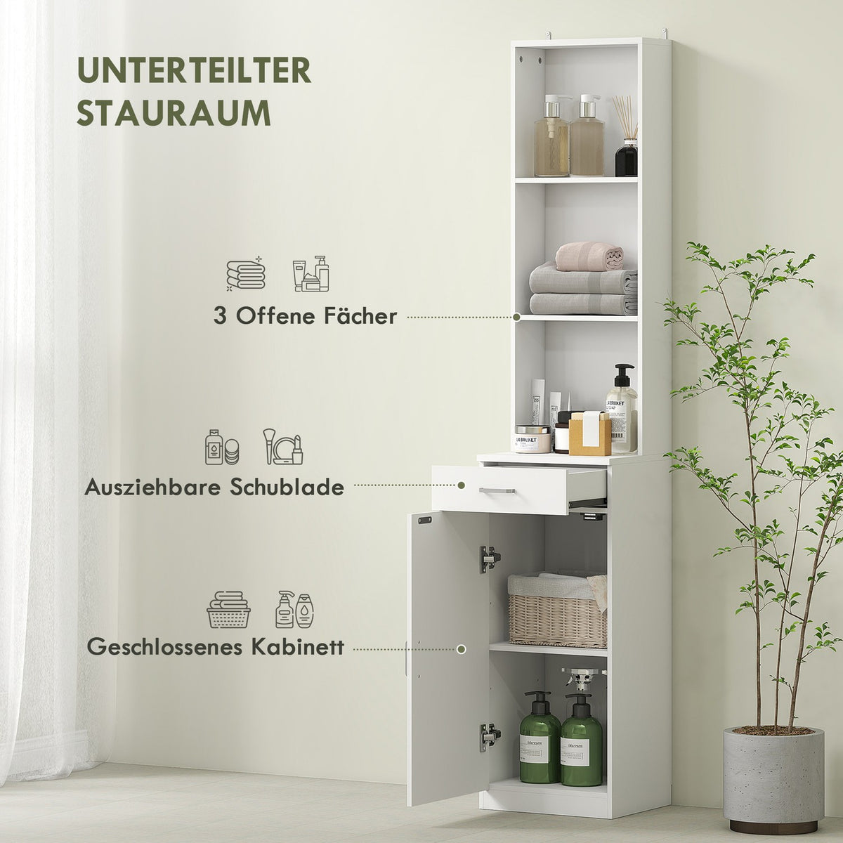 Tall bathroom cabinet, slim design, drawer, shelves, cupboard, chipboard, white