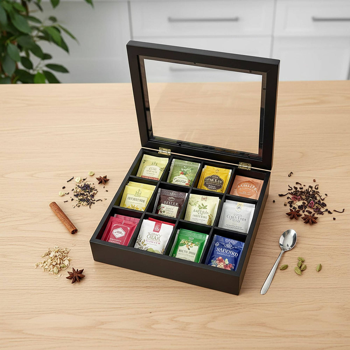 Tea Box with Lid, Bamboo, 12 Compartments