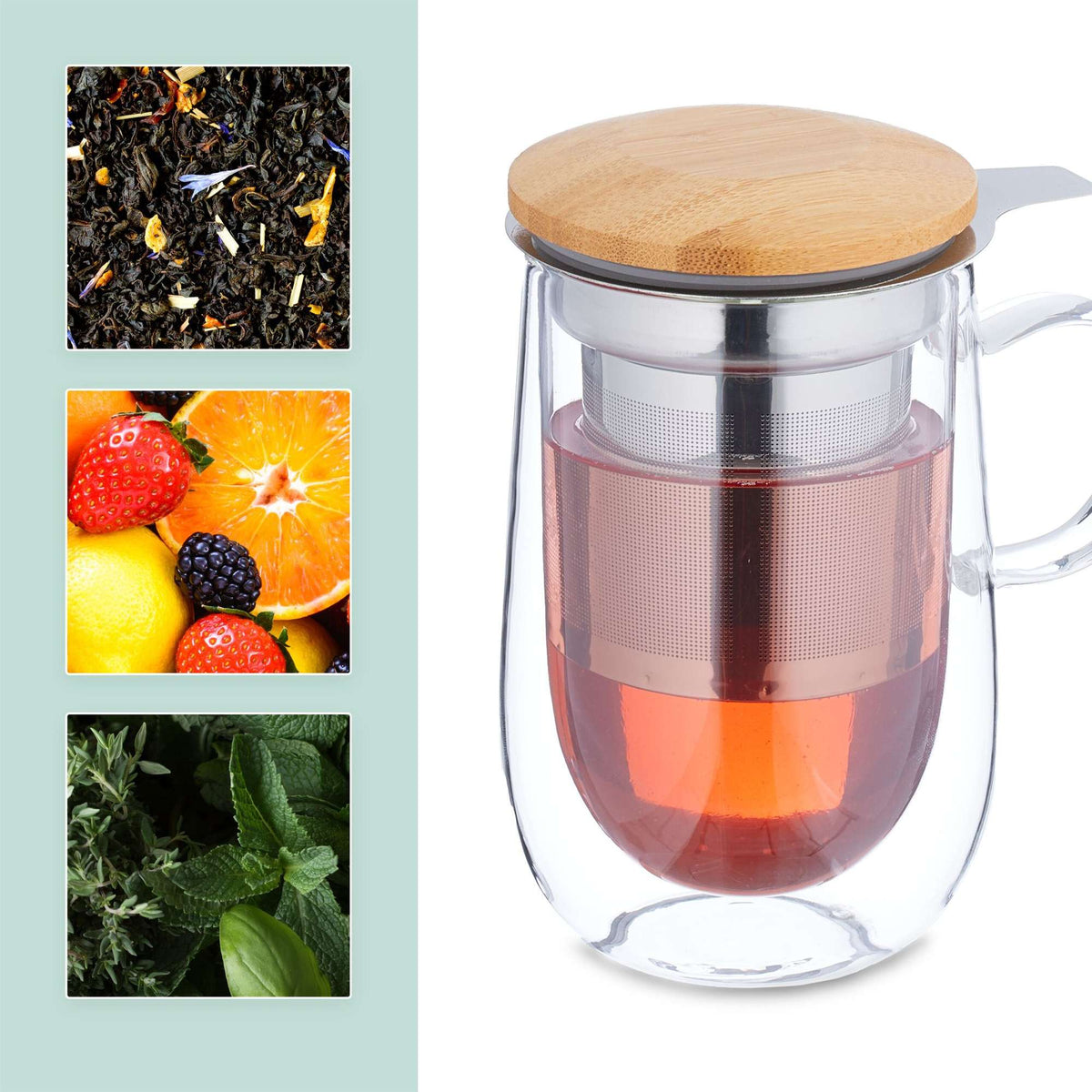 Tea glass with tea strainer and bamboo lid