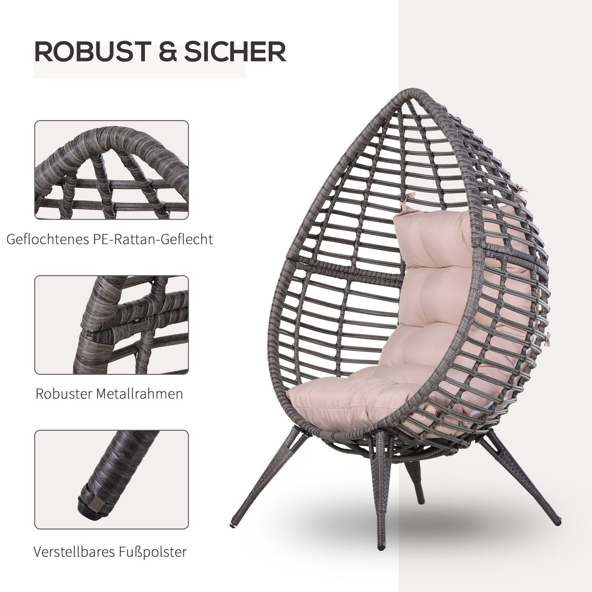 Teardrop Rattan Chair Garden Chair With Seat Cushion Raised Rattan Chair Steel Gray 101 X 89 X 156 Cm