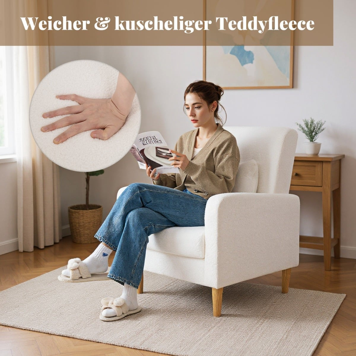 Teddy Lounge Chair with Lumbar Cushion, Wood Legs, Beige