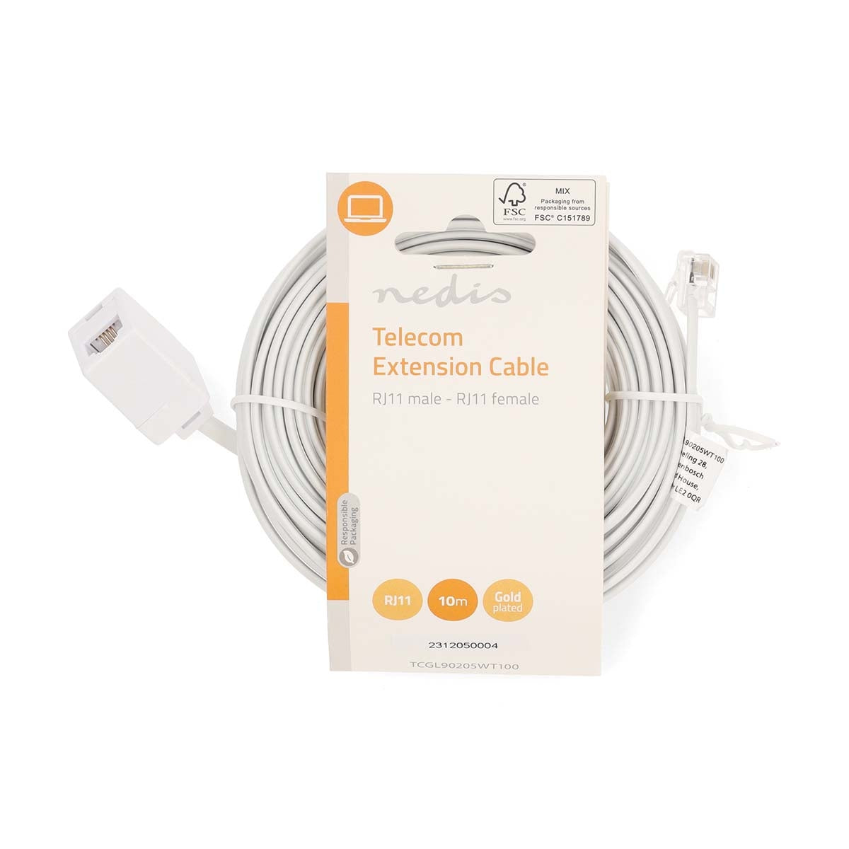 Telecom Extension Cable | RJ11 Male | RJ11 Female | 10.0 m | Cable design: Flat | Plating: Gold Plated | Cable type: RJ11 | White | Label