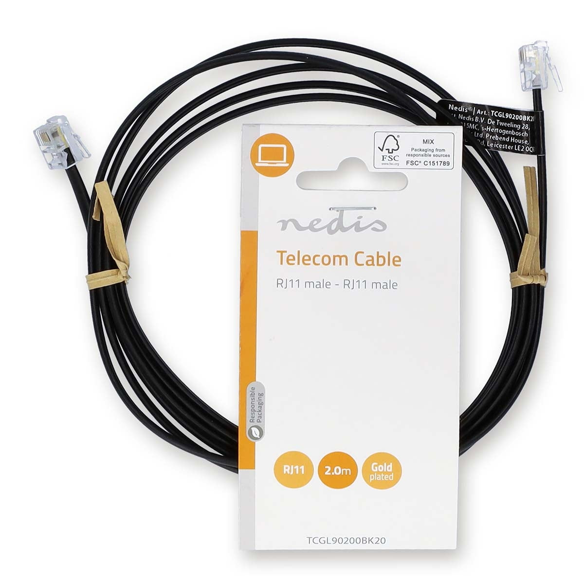 Telecom cable | RJ11 Male | RJ11 Male | 2.00 m | Cable design: Flat | Plating: Gold Plated | Cable type: RJ11 | Black