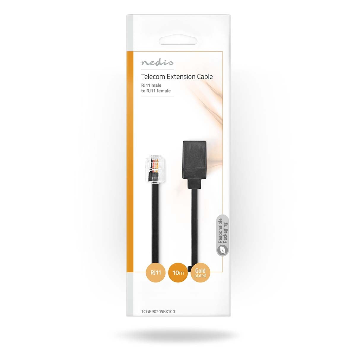 Telecom extension cable | RJ11 Male | RJ11 Female | 10.0 m | Cable design: Flat | Cable type: RJ11 | Black