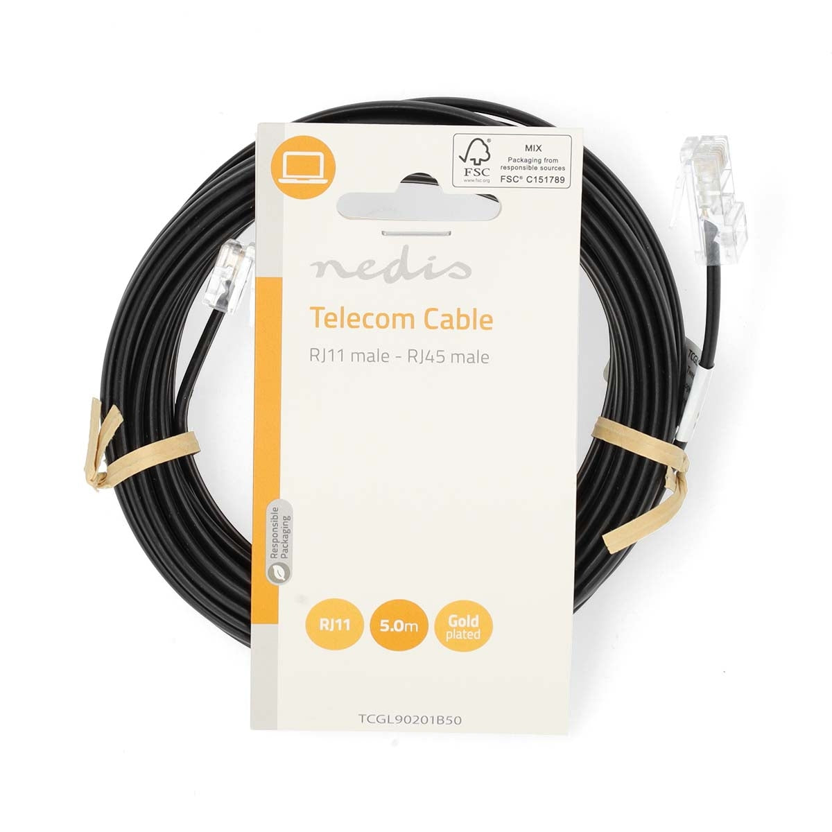 Telecom extension cable | RJ11 Male | RJ45 male | 5.00 m | Cable design: Flat | Plating: Gold Plated | Cable type: RJ11 | Black