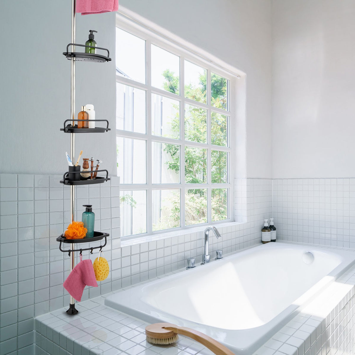 Telescopic Shower Caddy, Height-Adjustable with 4 Baskets