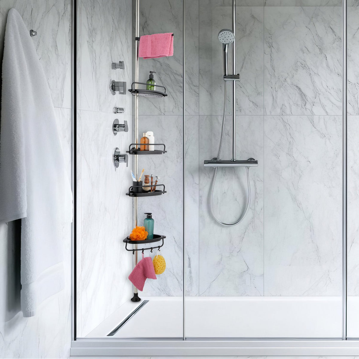 Telescopic Shower Caddy, Height-Adjustable with 4 Baskets