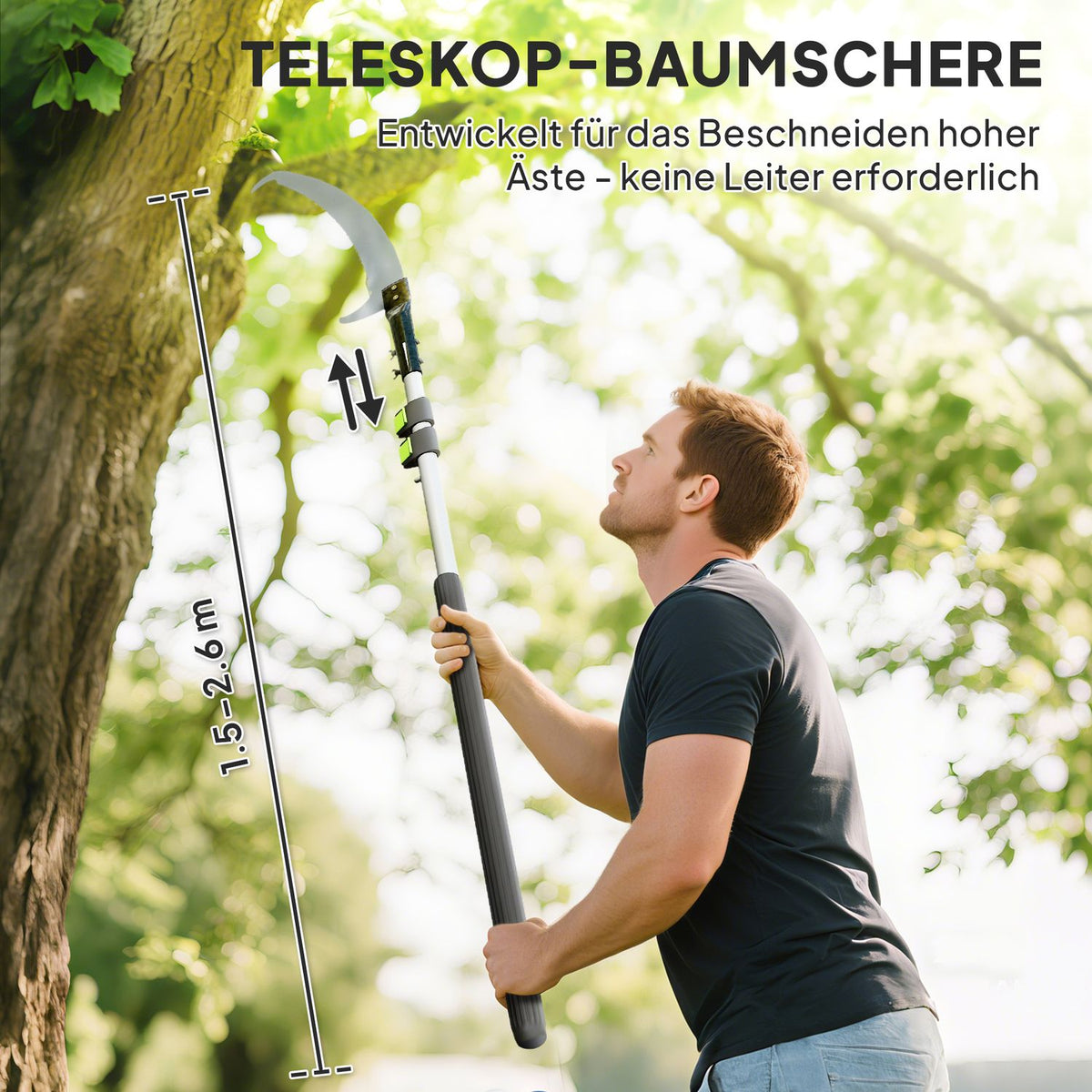 Telescopic branch saw 1.5–2.6 m tree shears with locking device, telescopic handle, non-stick coated blade, black