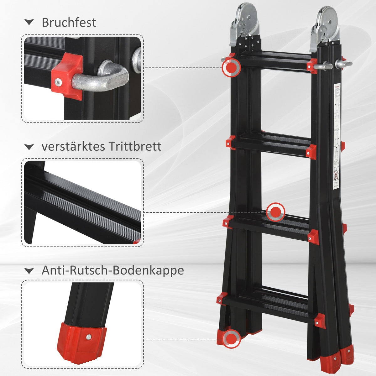 Telescopic ladder, folding ladder, 4 m aluminum ladder, non-slip aluminum ladder, A-frame telescopic extension ladder, load capacity up to 150 kg