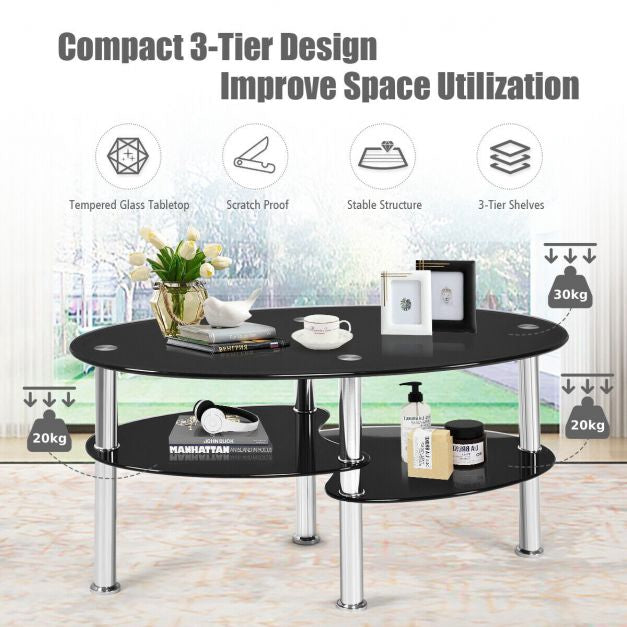 Tempered Glass Coffee Table, 3-Tier Oval, Black