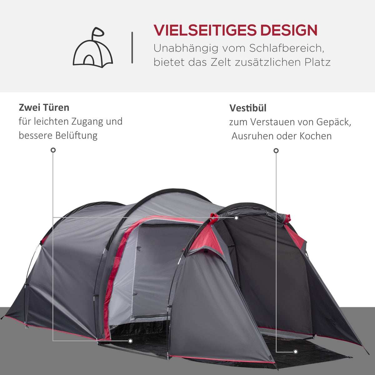 Tent For 2-3 People 190T Tunnel Tent Camping Tent With Pegs Fiberglass Polyester Gray 426 X 206 X 154 Cm