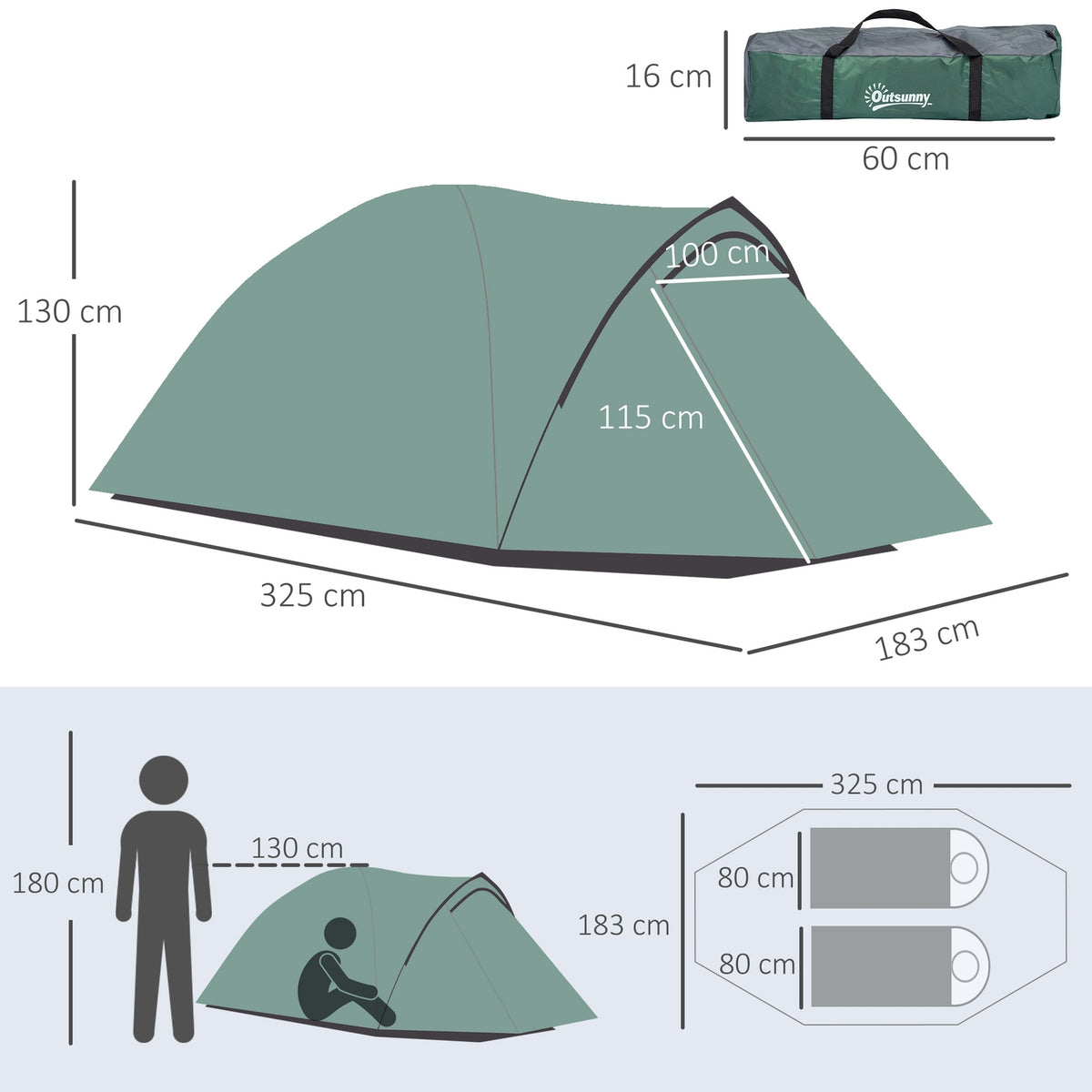 Tent for 2 people 190T camping tent with pegs dome tent fiberglass polyester gray 325 x 183 x 130 cm