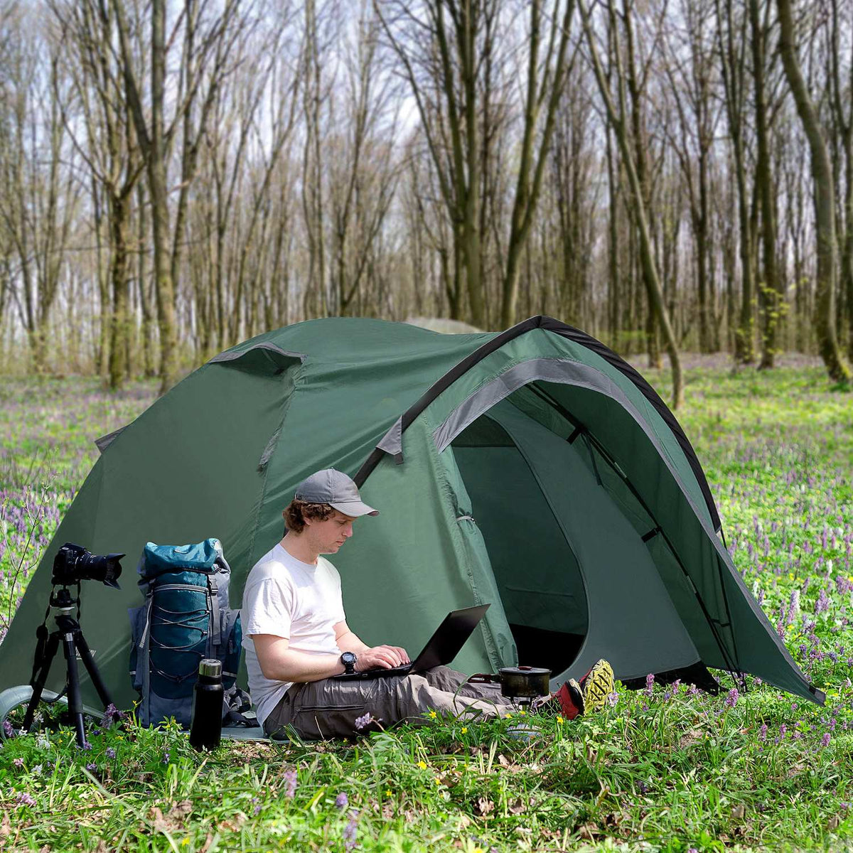 Tent for 2 people 190T camping tent with pegs dome tent fiberglass polyester gray 325 x 183 x 130 cm