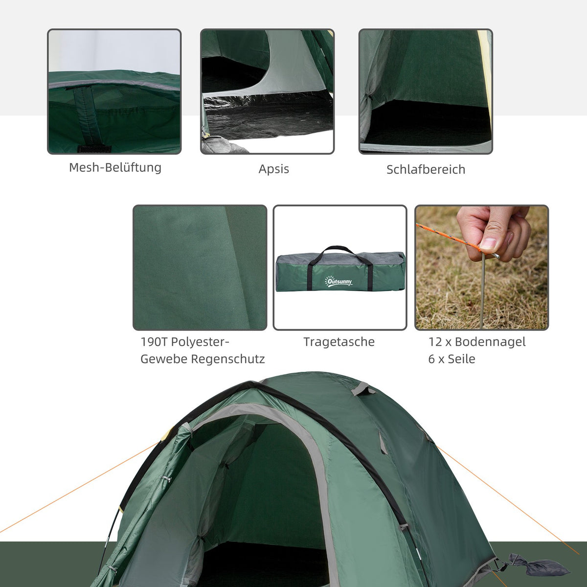 Tent for 2 people 190T camping tent with pegs dome tent fiberglass polyester gray 325 x 183 x 130 cm