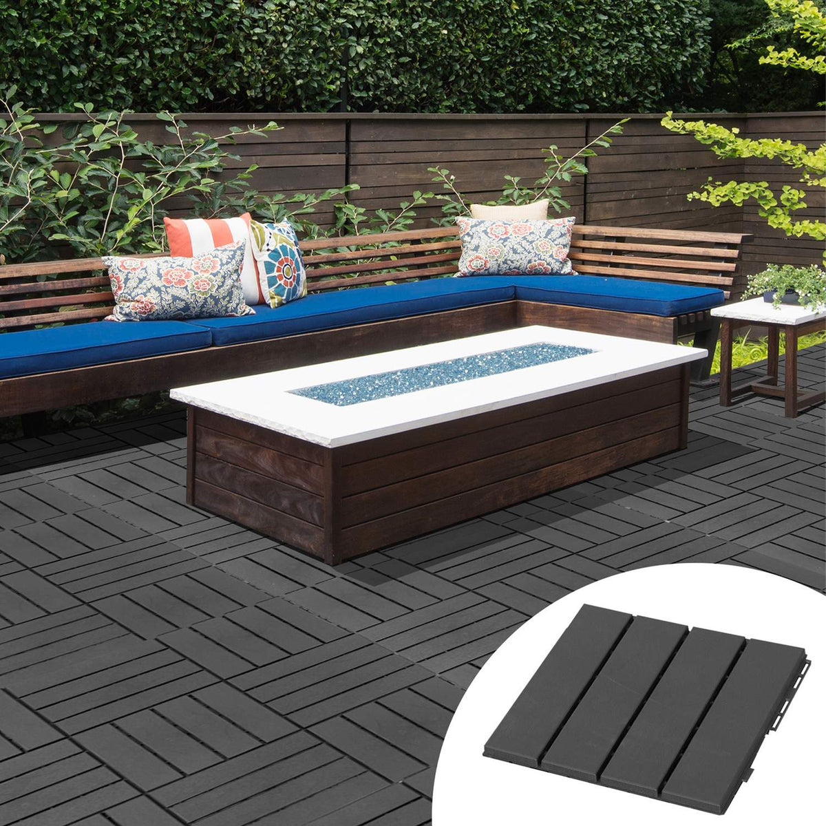 Terrace Tiles Set Of 9 Balcony Tiles, Click Tiles For Patio & Garden, Plastic, Black, 30X30Cm