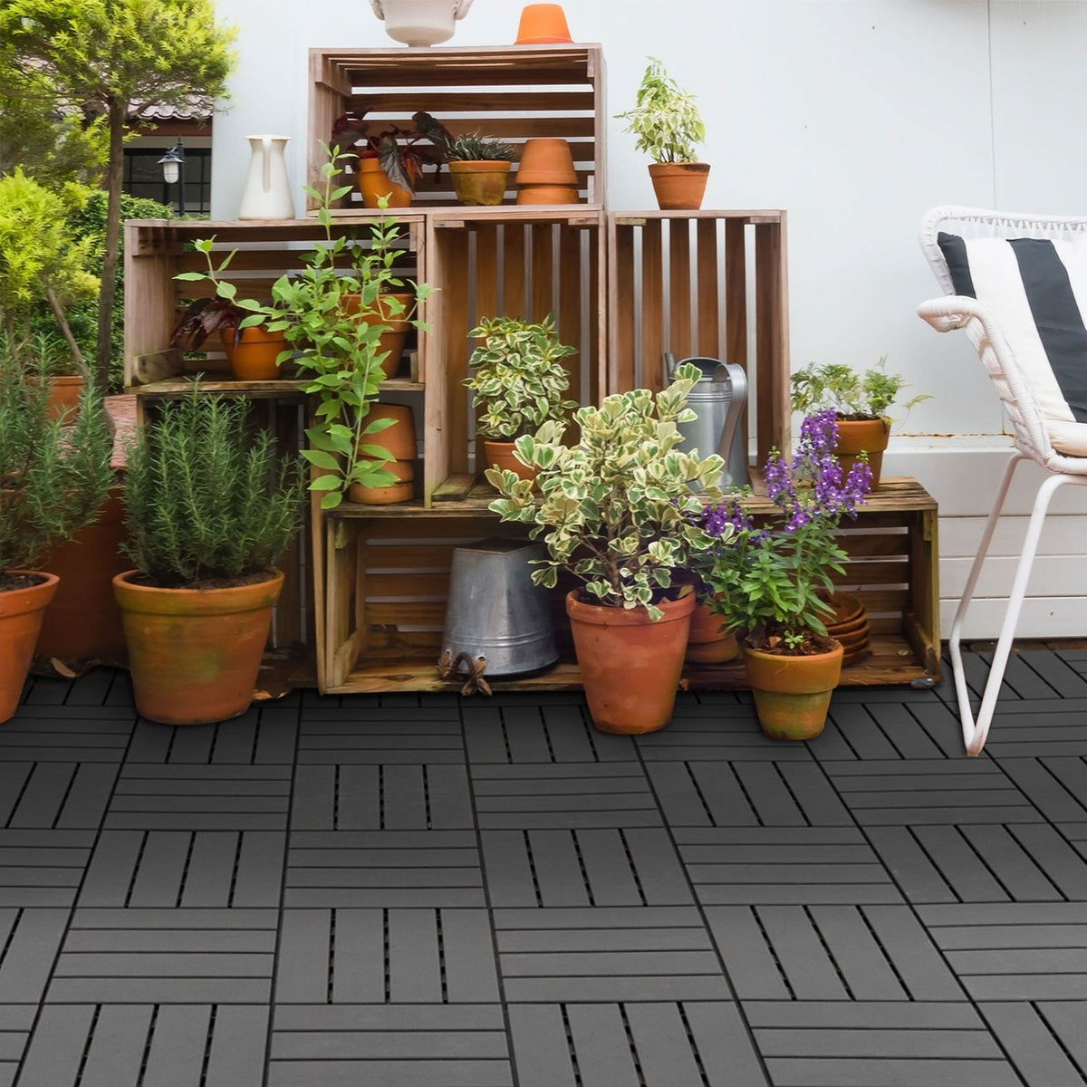 Terrace Tiles Set Of 9 Balcony Tiles, Click Tiles For Patio & Garden, Plastic, Black, 30X30Cm