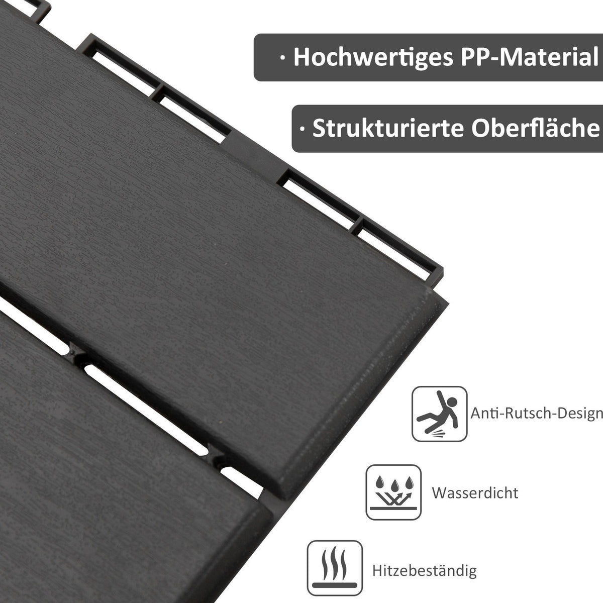 Terrace Tiles Set Of 9 Balcony Tiles, Click Tiles For Patio & Garden, Plastic, Black, 30X30Cm