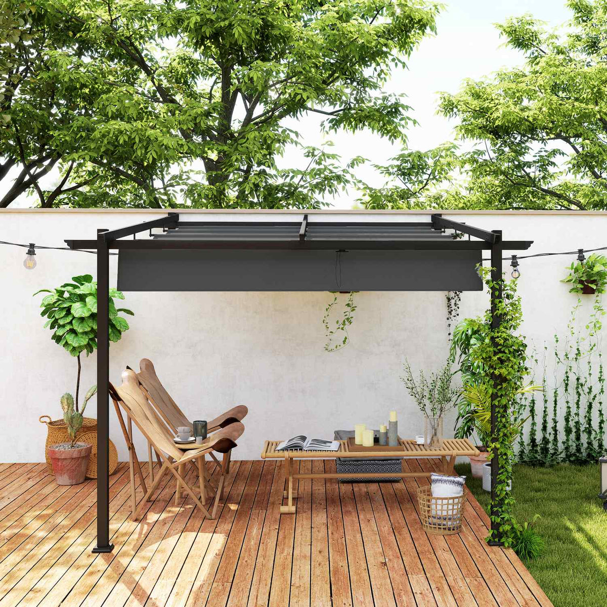 Terrace roof pergola approx. 3x3m terrace roofing, garden pavilion made of aluminum, wall mounting, garden pavilion with adjustable roof, sun protection for terrace and garden, dark gray