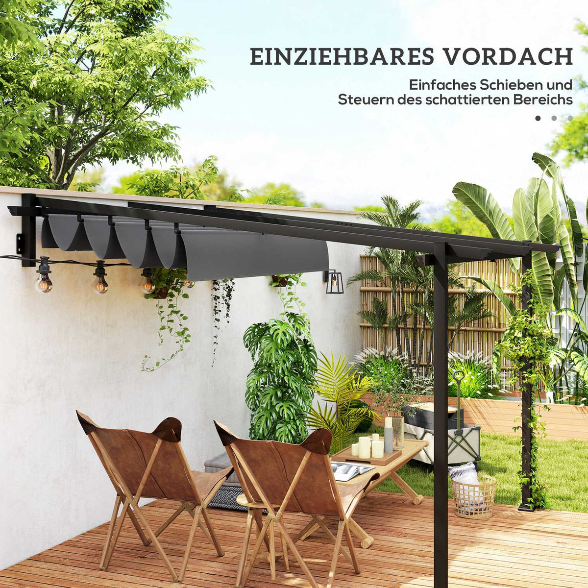 Terrace roof pergola approx. 3x3m terrace roofing, garden pavilion made of aluminum, wall mounting, garden pavilion with adjustable roof, sun protection for terrace and garden, dark gray