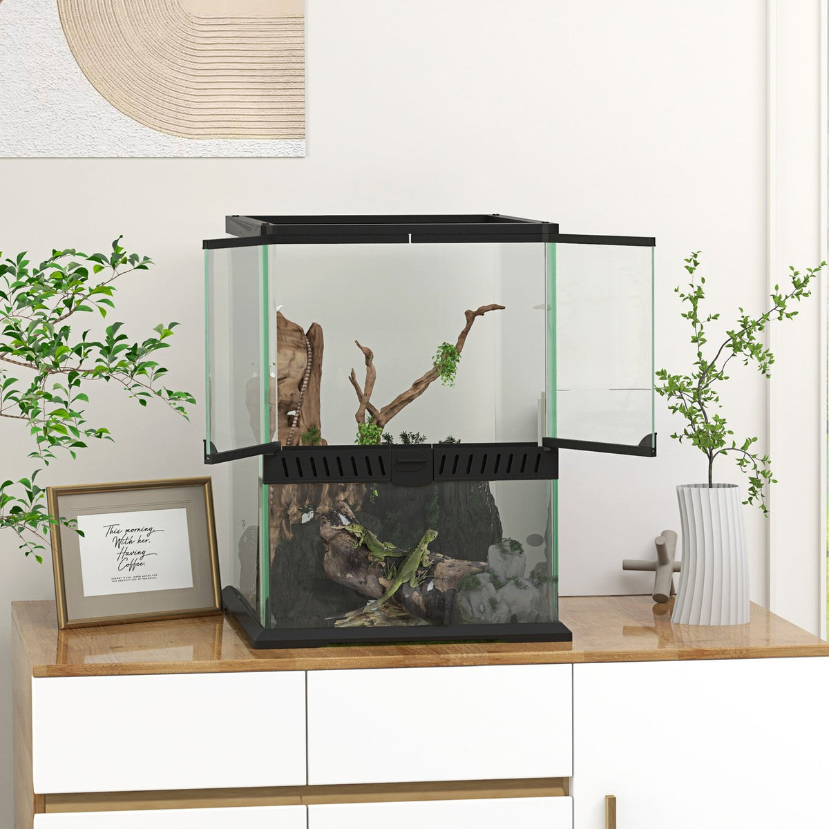 Terrarium Reptile Feeding Box Anti-Escape Ventilation 120L Glass Terrarium Cable Management Amphibians Spider Metal Black 45X45X60Cm