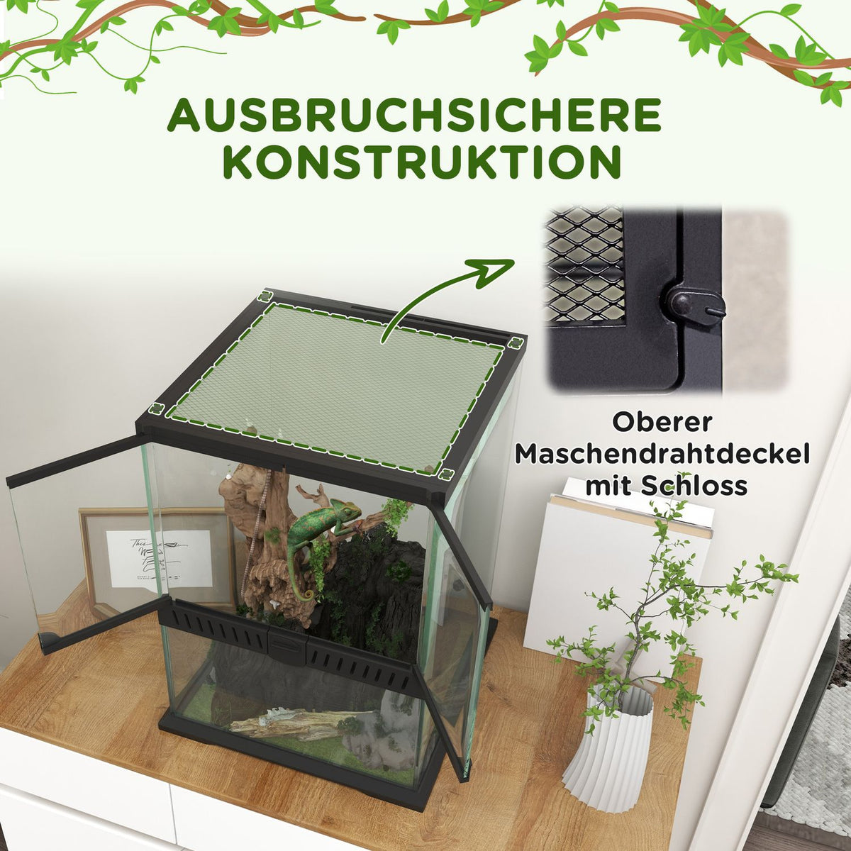 Terrarium Reptile Feeding Box Anti-Escape Ventilation 120L Glass Terrarium Cable Management Amphibians Spider Metal Black 45X45X60Cm