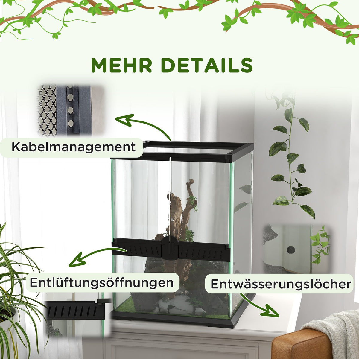 Terrarium Reptile Feeding Box Anti-Escape Ventilation 120L Glass Terrarium Cable Management Amphibians Spider Metal Black 45X45X60Cm