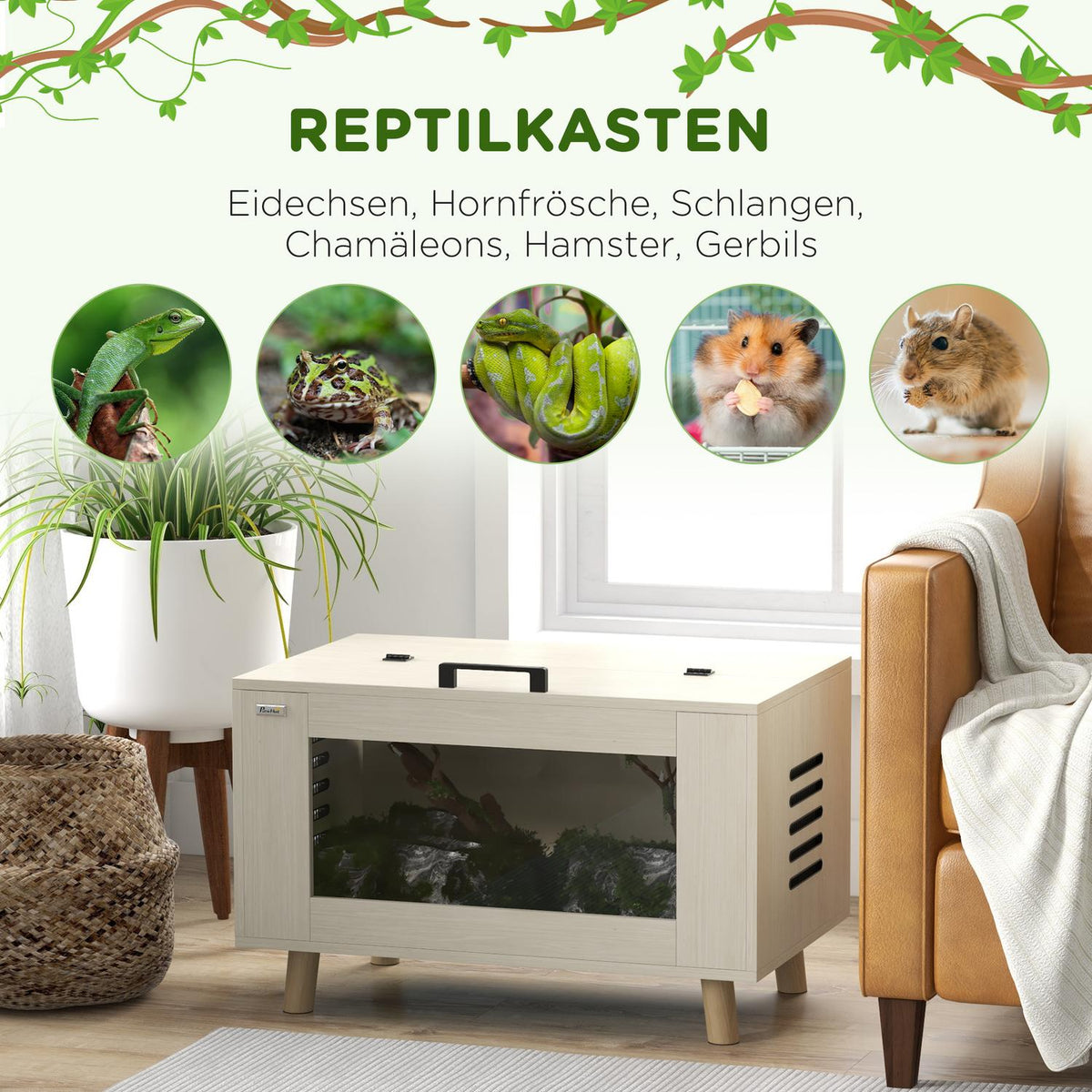 Terrarium Reptiles Feeding Box Side Ventilation Reptile Breeding Box Hinged Lid Amphibians Arachnids Oak 80X50X50Cm