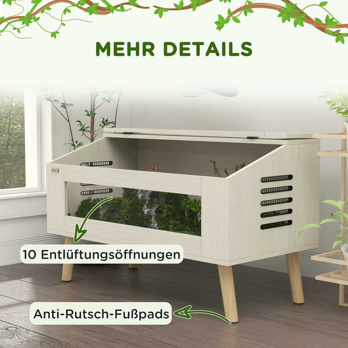 Terrarium for reptiles, 140L reptile feeding box with tempered glass windows, lid, legs, reptile breeding box for amphibians, spider, oak, 100 x 50 x 60 cm |