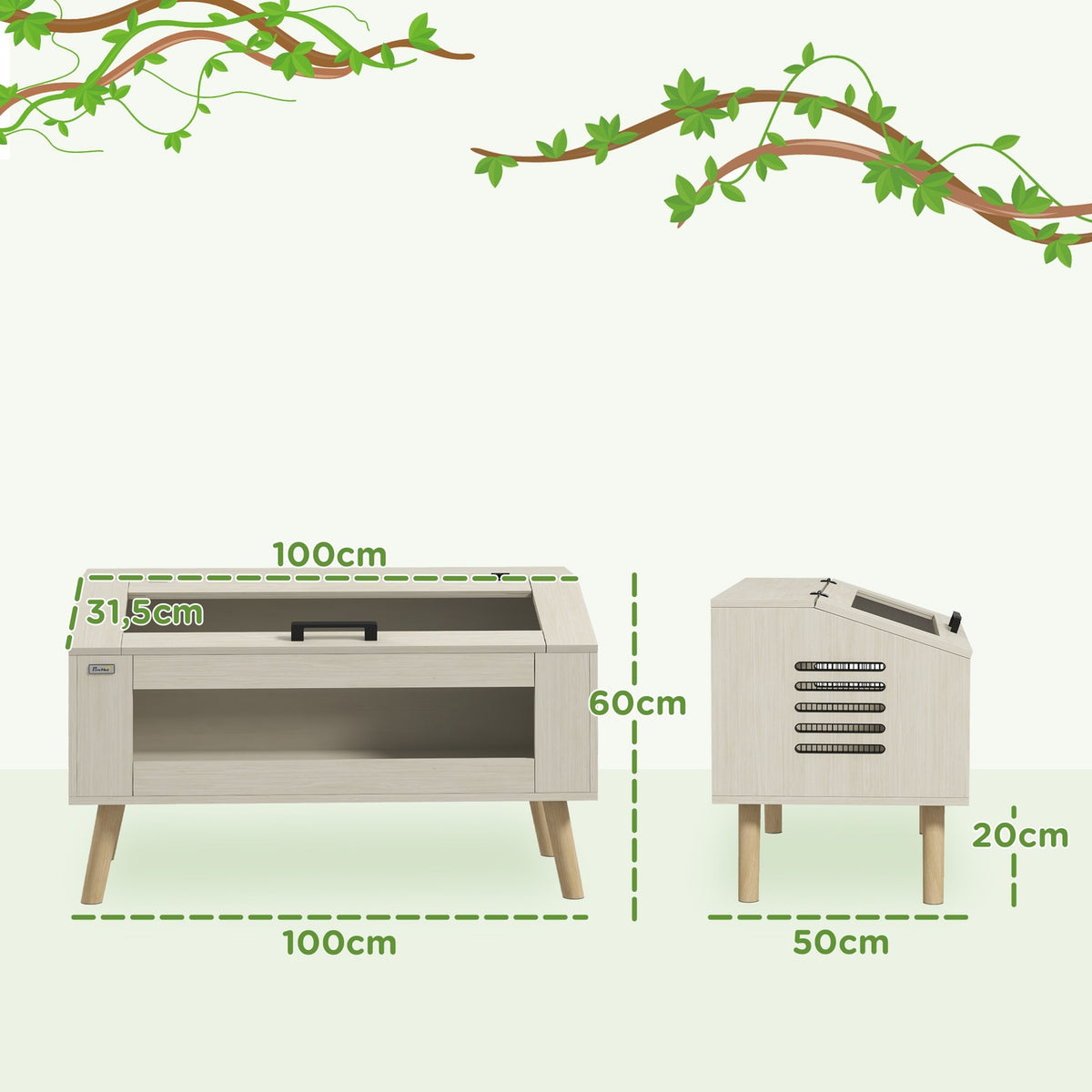 Terrarium for reptiles, 140L reptile feeding box with tempered glass windows, lid, legs, reptile breeding box for amphibians, spider, oak, 100 x 50 x 60 cm |