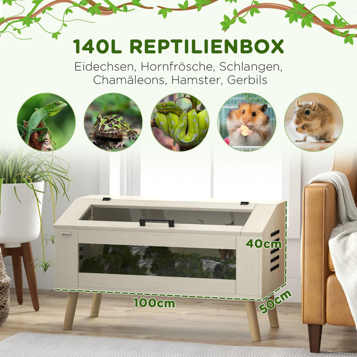 Terrarium for reptiles, 140L reptile feeding box with tempered glass windows, lid, legs, reptile breeding box for amphibians, spider, oak, 100 x 50 x 60 cm |