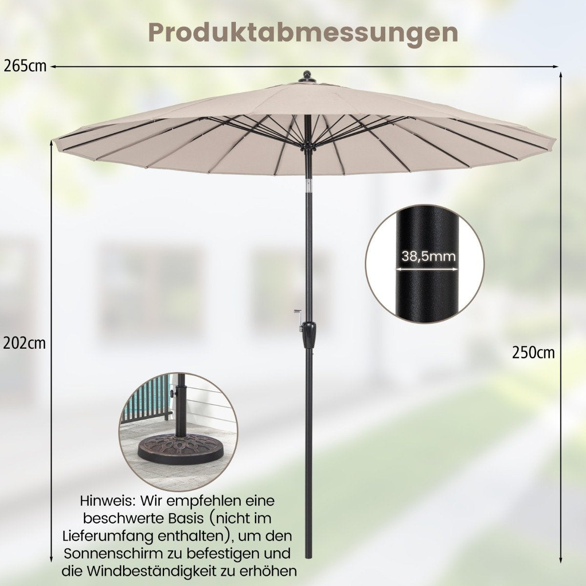 Terrassenschirm, UV-Schutz 50+, Neigbar, Kurbel, Hellbraun