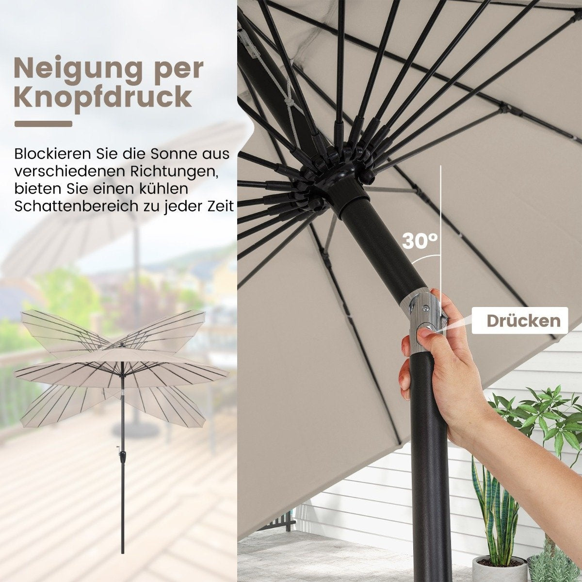 Terrassenschirm, UV-Schutz 50+, Neigbar, Kurbel, Hellbraun