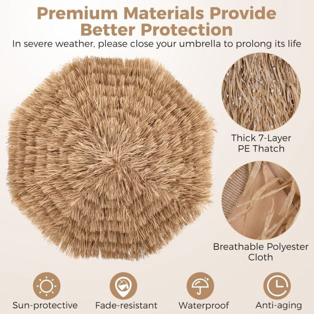 Thatched Tiki Umbrella 196 cm, Tilt, Waterproof Canopy
