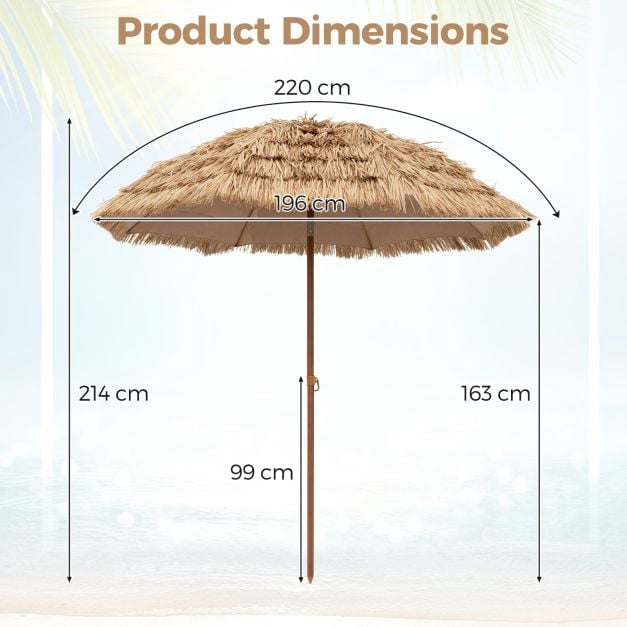 Thatched Tiki Umbrella 196 cm, Tilt, Waterproof Canopy