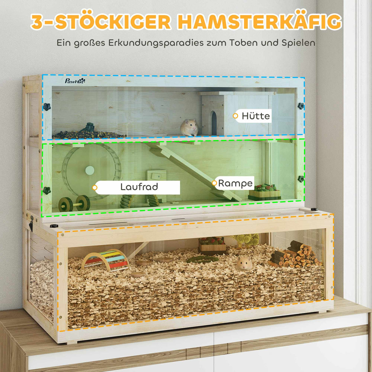Three-Level Hamster Cage with Hut and Accessories, 100x50x84 cm